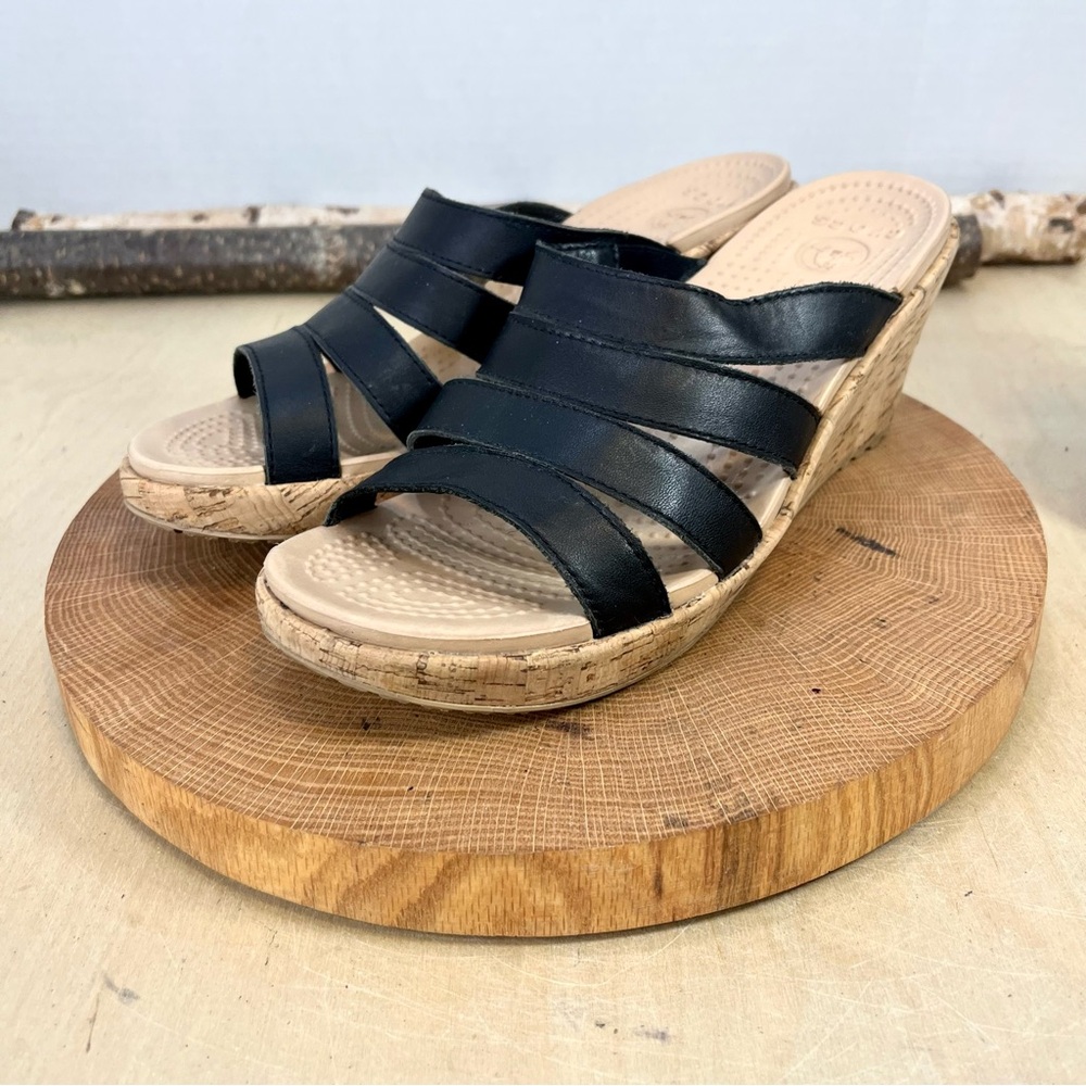 Crocs A-Leigh Strappy Cork Wedge Sandals Black Snake Leather Size 9 - Picture 4 of 14